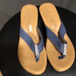 Mila Paoli wedge faux wood flip flops with blue rope/rhinestone detail.